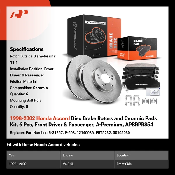 1998-2002 Honda Accord Disc Brake Rotors and Ceramic Pads Kit, 6 Pcs, Front Driver & Passenger, A-Premium, APBRPR854