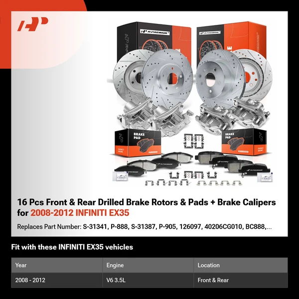 16 Pcs Front & Rear Drilled Brake Rotors & Pads + Brake Calipers for 2008-2012 INFINITI EX35