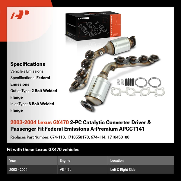 2003-2004 Lexus GX470 2-PC Catalytic Converter Driver & Passenger Fit Federal Emissions A-Premium APCCT141