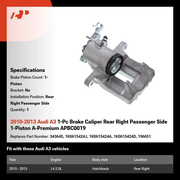 2010-2013 Audi A3 1-Pc Brake Caliper Rear Right Passenger Side 1-Piston A-Premium APBC0019