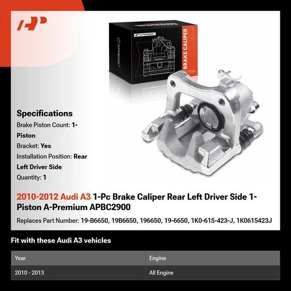 2010-2012 Audi A3 1-Pc Brake Caliper Rear Left Driver Side 1-Piston A-Premium APBC2900