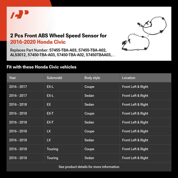 2 Pcs Front ABS Wheel Speed Sensor for 2016-2020 Honda Civic
