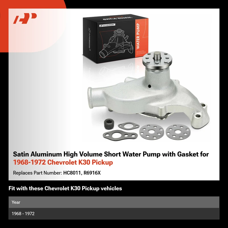 Satin Aluminum High Volume Short Water Pump with Gasket for 1968-1972 Chevrolet K30 Pickup