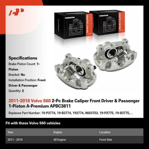 2011-2018 Volvo S60 2-Pc Brake Caliper Front Driver & Passenger 1-Piston A-Premium APBC3811