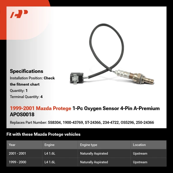 1999-2001 Mazda Protege 1-Pc Oxygen Sensor 4-Pin A-Premium APOS0018