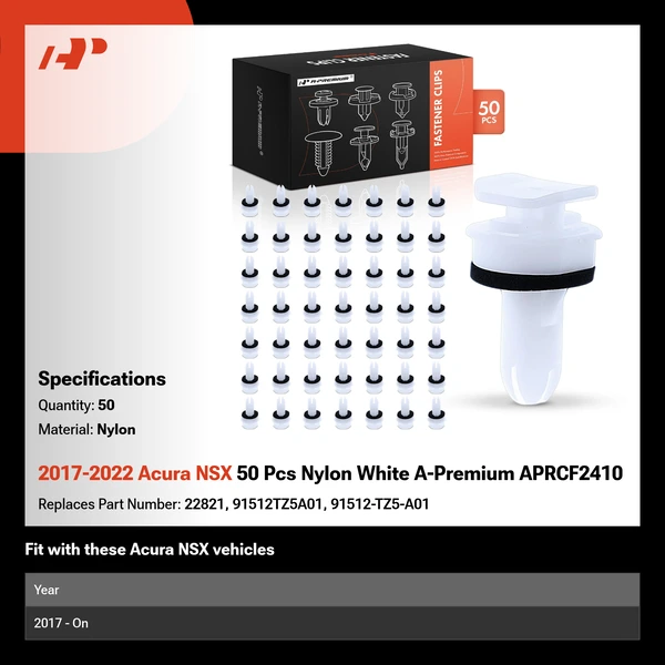 2017-2022 Acura NSX 50 Pcs Nylon White A-Premium APRCF2410