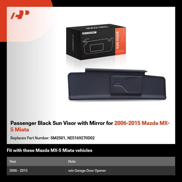 Passenger Black Sun Visor with Mirror for 2006-2015 Mazda MX-5 Miata