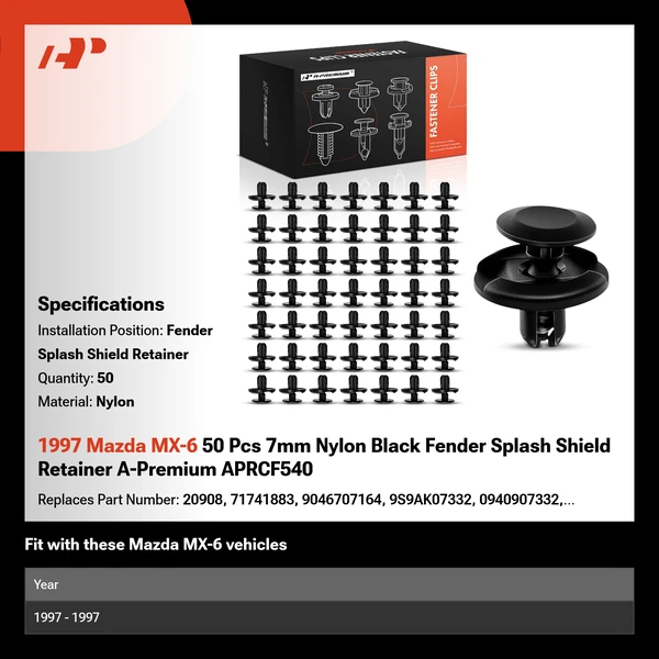 1997 Mazda MX-6 50 Pcs 7mm Nylon Black Fender Splash Shield Retainer A-Premium APRCF540