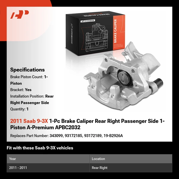2011 Saab 9-3X 1-Pc Brake Caliper Rear Right Passenger Side 1-Piston A-Premium APBC2032