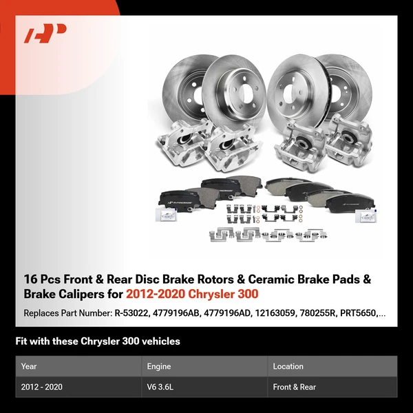 16 Pcs Front & Rear Disc Brake Rotors & Ceramic Brake Pads & Brake Calipers for 2012-2020 Chrysler 300