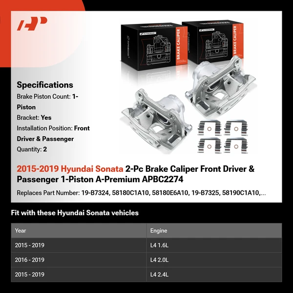 2015-2019 Hyundai Sonata 2-Pc Brake Caliper Front Driver & Passenger 1-Piston A-Premium APBC2274