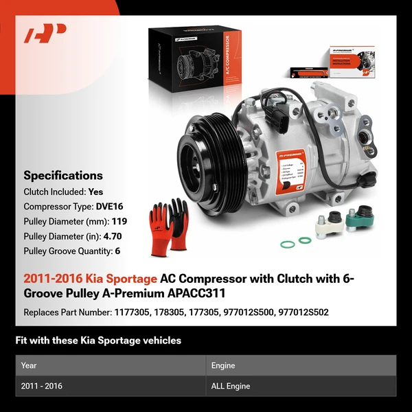 2011-2016 Kia Sportage AC Compressor with Clutch with 6-Groove Pulley A-Premium APACC311