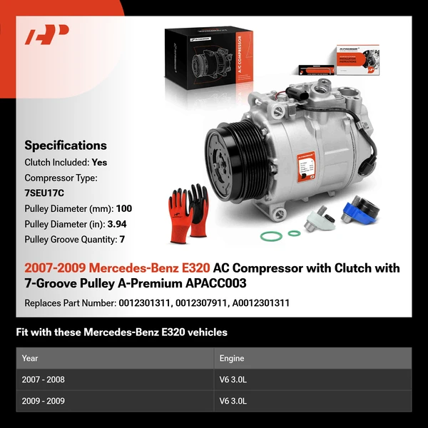 2007-2009 Mercedes-Benz E320 AC Compressor with Clutch with 7-Groove Pulley A-Premium APACC003