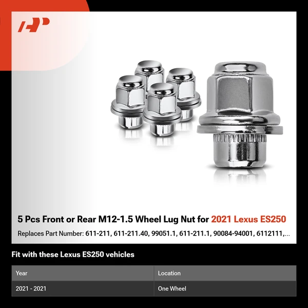 5 Pcs Front or Rear M12-1.5 Wheel Lug Nut for 2021 Lexus ES250