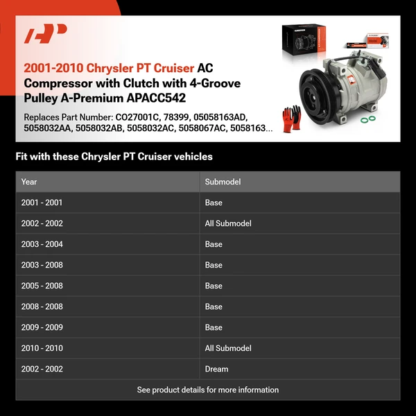 2001-2010 Chrysler PT Cruiser AC Compressor with Clutch with 4-Groove Pulley A-Premium APACC542