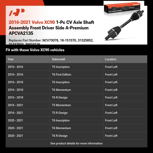 2016-2021 Volvo XC90 1-Pc CV Axle Shaft Assembly Front Driver Side A-Premium APCVA2135