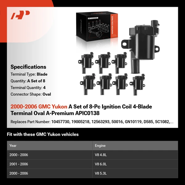 2000-2006 GMC Yukon A Set of 8-Pc Ignition Coil 4-Blade Terminal Oval A-Premium APIC0138