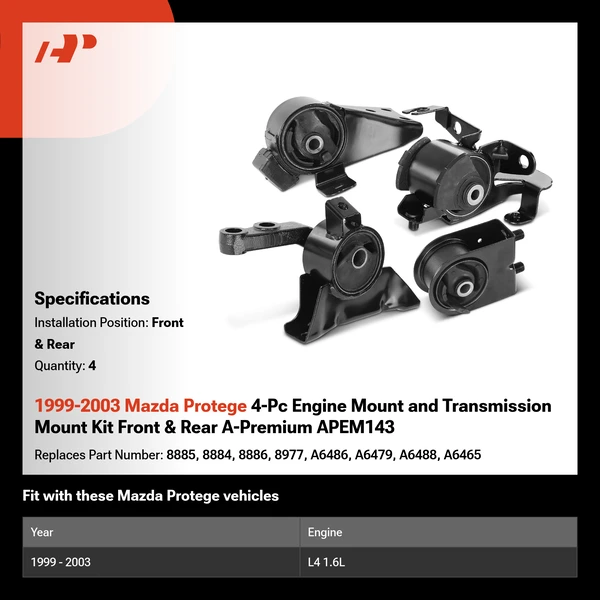 1999-2003 Mazda Protege 4-Pc Engine Mount and Transmission Mount Kit Front & Rear A-Premium APEM143
