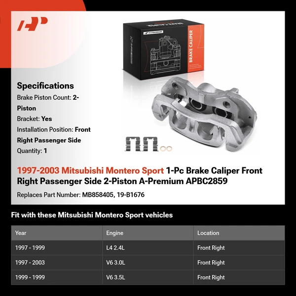 1997-2003 Mitsubishi Montero Sport 1-Pc Brake Caliper Front Right Passenger Side 2-Piston A-Premium APBC2859