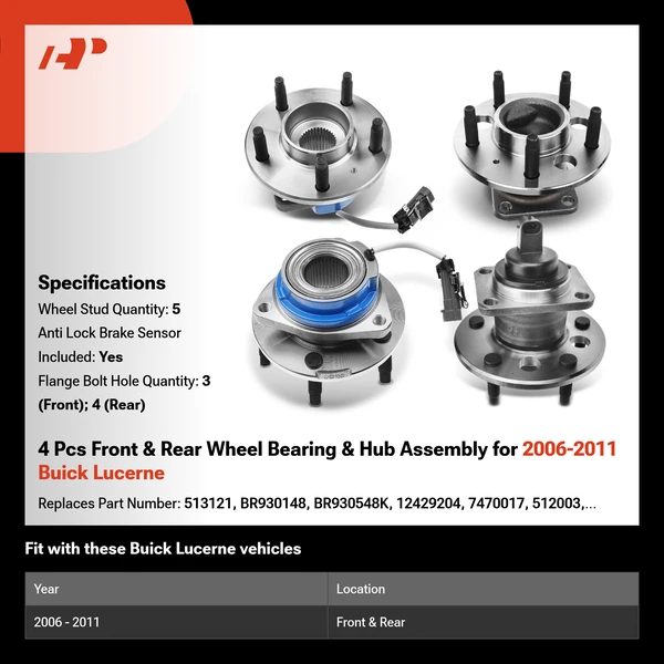 4 Pcs Front & Rear Wheel Bearing & Hub Assembly for 2006-2011 Buick Lucerne
