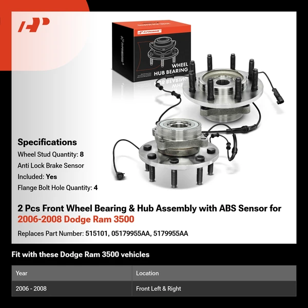 2 Pcs Front Wheel Bearing & Hub Assembly with ABS Sensor for 2006-2008 Dodge Ram 3500