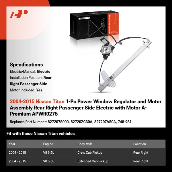 2004-2015 Nissan Titan 1-Pc Power Window Regulator and Motor Assembly Rear Right Passenger Side Electric with Motor A-Premium APWR0275