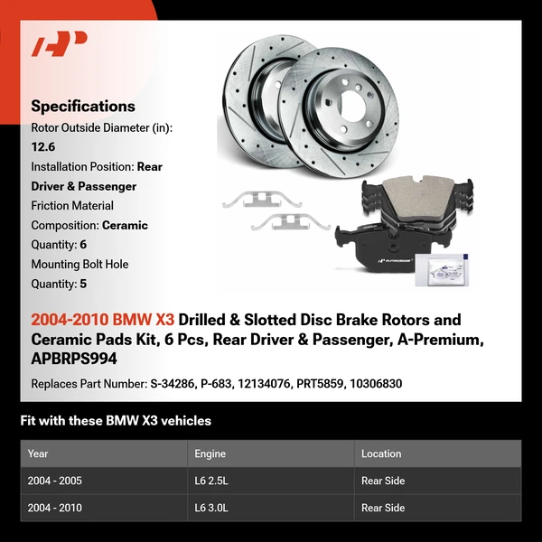 2004-2010 BMW X3 Drilled & Slotted Disc Brake Rotors and Ceramic Pads Kit, 6 Pcs, Rear Driver & Passenger, A-Premium, APBRPS994
