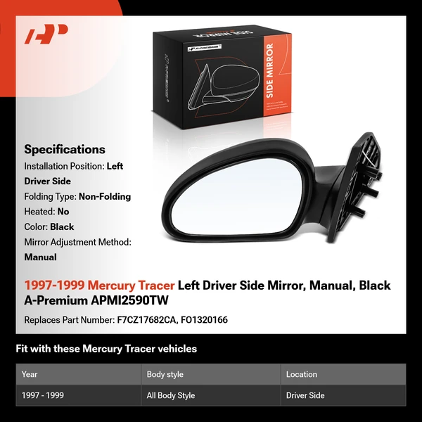 1997-1999 Mercury Tracer Left Driver Side Mirror, Manual, Black A-Premium APMI2590TW