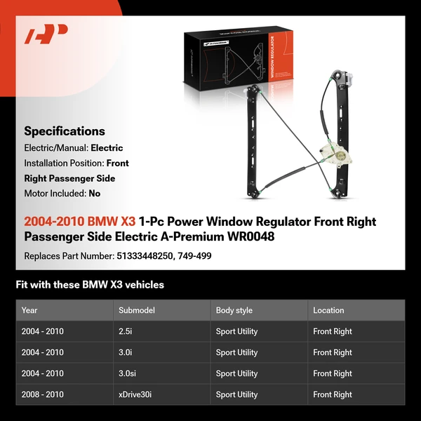 2004-2010 BMW X3 1-Pc Power Window Regulator Front Right Passenger Side Electric A-Premium WR0048