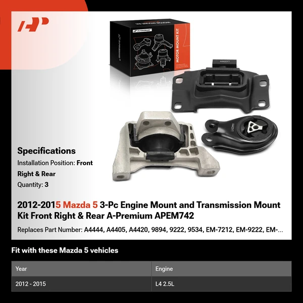 2012-2015 Mazda 5 3-Pc Engine Mount and Transmission Mount Kit Front Right & Rear A-Premium APEM742
