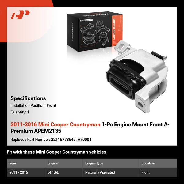 2011-2016 Mini Cooper Countryman 1-Pc Engine Mount Front A-Premium APEM2135