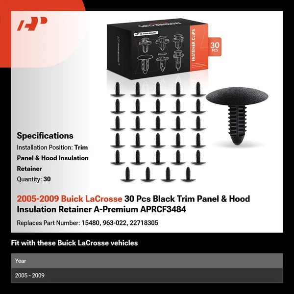 2005-2009 Buick LaCrosse 30 Pcs Black Trim Panel & Hood Insulation Retainer A-Premium APRCF3484