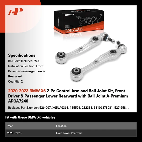 2020-2023 BMW X6 2-Pc Control Arm and Ball Joint Kit, Front Driver & Passenger Lower Rearward with Ball Joint A-Premium APCA7240