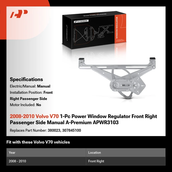 2008-2010 Volvo V70 1-Pc Power Window Regulator Front Right Passenger Side Manual A-Premium APWR3103