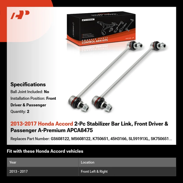 2013-2017 Honda Accord 2-Pc Stabilizer Bar Link, Front Driver & Passenger A-Premium APCA8475