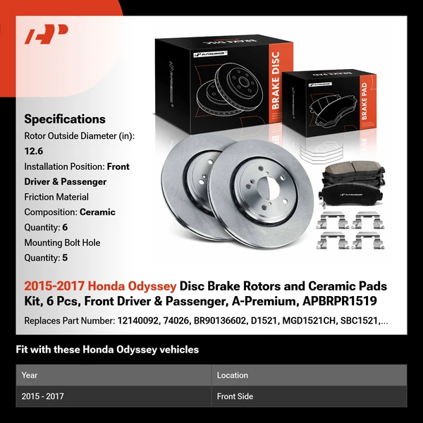 2015-2017 Honda Odyssey Disc Brake Rotors and Ceramic Pads Kit, 6 Pcs, Front Driver & Passenger, A-Premium, APBRPR1519