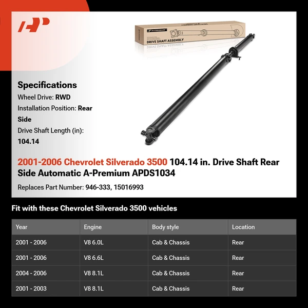 2001-2006 Chevrolet Silverado 3500 104.14 in. Drive Shaft Rear Side Automatic A-Premium APDS1034