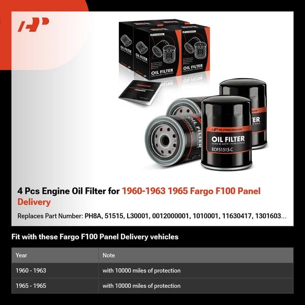 4 Pcs Engine Oil Filter for 1960-1963 1965 Fargo F100 Panel Delivery