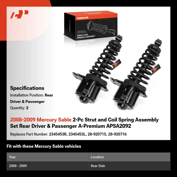 2008-2009 Mercury Sable 2-Pc Strut and Coil Spring Assembly Set Rear Driver & Passenger A-Premium APSA2092