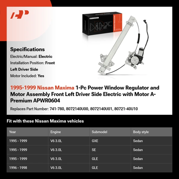 1995-1999 Nissan Maxima 1-Pc Power Window Regulator and Motor Assembly Front Left Driver Side Electric with Motor A-Premium APWR0604