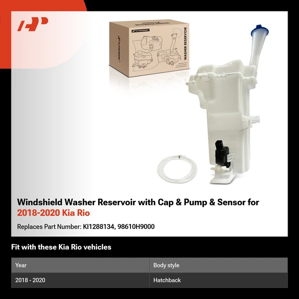 Windshield Washer Reservoir with Cap & Pump & Sensor for 2018-2020 Kia Rio