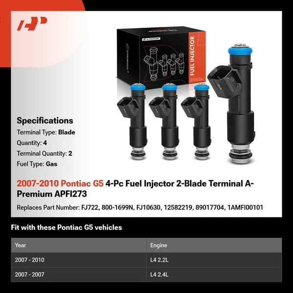2007-2010 Pontiac G5 4-Pc Fuel Injector 2-Blade Terminal A-Premium APFI273