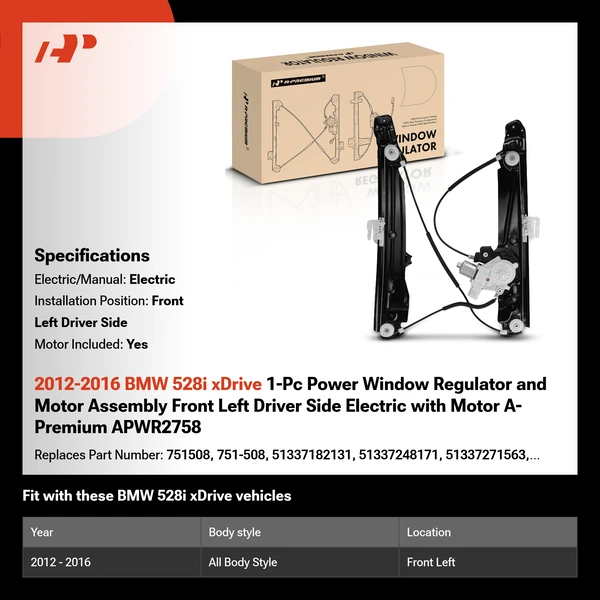 2012-2016 BMW 528i xDrive 1-Pc Power Window Regulator and Motor Assembly Front Left Driver Side Electric with Motor A-Premium APWR2758