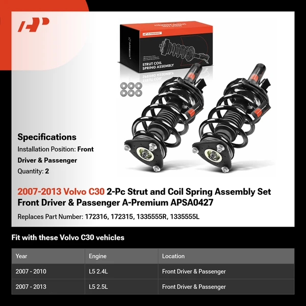 2007-2013 Volvo C30 2-Pc Strut and Coil Spring Assembly Set Front Driver & Passenger A-Premium APSA0427