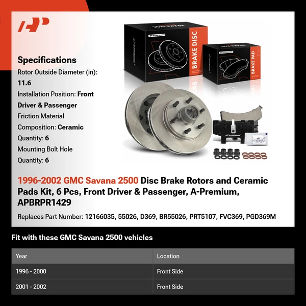 1996-2002 GMC Savana 2500 Disc Brake Rotors and Ceramic Pads Kit, 6 Pcs, Front Driver & Passenger, A-Premium, APBRPR1429