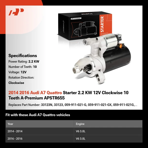 2014 2016 Audi A7 Quattro Starter 2.2 KW 12V Clockwise 10 Teeth A-Premium APSTR655