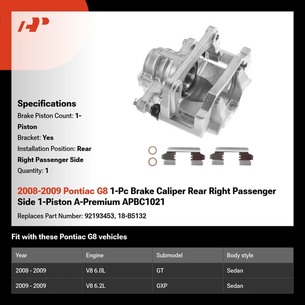 2008-2009 Pontiac G8 1-Pc Brake Caliper Rear Right Passenger Side 1-Piston A-Premium APBC1021