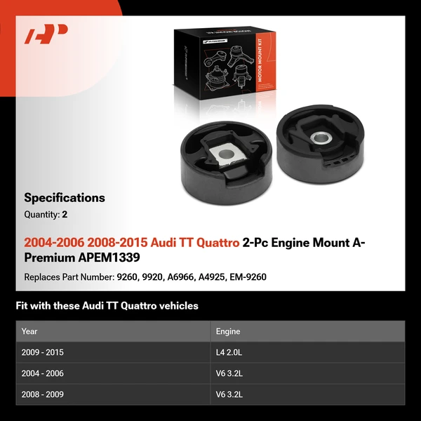 2004-2006 2008-2015 Audi TT Quattro 2-Pc Engine Mount A-Premium APEM1339