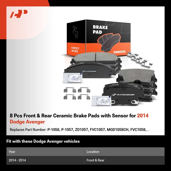8 Pcs Front & Rear Ceramic Brake Pads with Sensor for 2014 Dodge Avenger