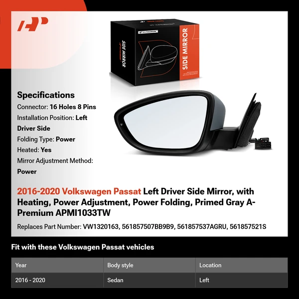 2016-2020 Volkswagen Passat Left Driver Side Mirror, with Heating, Power Adjustment, Power Folding, Primed Gray A-Premium APMI1033TW